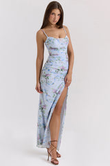 blue floral print mesh maxi dress