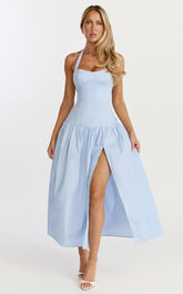 Nyx Midi Dress - Halter Neck Drop Waist Dress in Blue