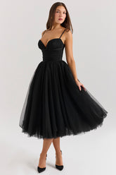 black tulle ruched bodice midi dress - sale