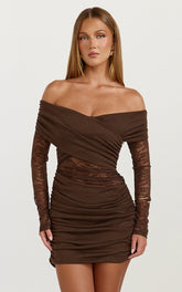 Juliet Mini Dress - Off Shoulder Lace Contrast Bodycon Dress in Choc