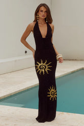 YASMINA PLUNGE COWL KNIT MAXI DRESS - BLACK