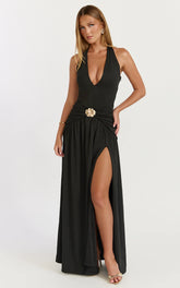 Phoenix Maxi Dress - Halter Neck Gold Trim Jersey Dress in Black