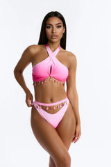 Sun Sea And Smiles Ombre Charm Jewels Waist Tie 3 Piece Bikini Sarong Set - Pink/combo