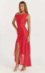 Judee Midi Dress - One Shoulder High Side Split Dress in Red