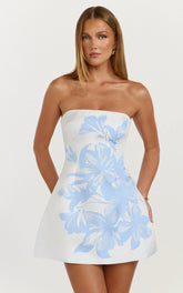 Emme Mini Dress - Strapless Jacquard Placement Floral A Line Dress in Blue