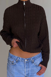 Bea Cable Knit Zip Up Sweater - Chocolate Brown