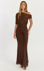 Nicolette Maxi Dress - Cape Sleeve Off Shoulder Dress in Chocolate