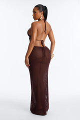 Maren Crochet Swim Cover Up Halter Maxi Dress - Dark Brown