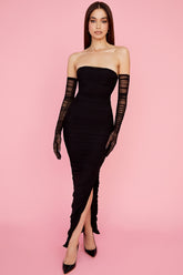black mesh strapless maxi dress