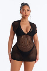 Heat Struck Short Sleeve Mini Swim Cover Up Dress - Black