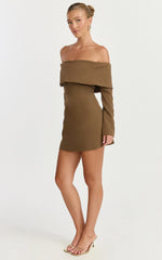 Marigold Mini Dress - Off Shoulder Long Sleeve Dress in Mocha