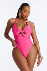Sand Castle Twisted Cut Out Hardware 1 Piece Swimsuit - Raspberry