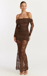Juliet Maxi Dress - Off Shoulder Long Sleeve Ruched Overlay Lace Dress in Choc