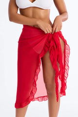 Beach Vibes Maxi Ruffle Trim Waist Tie Swim Cover Up Sarong - Red