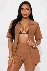 Summer Breeze Button Up Cover Up Shorts Set - Mocha