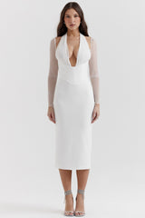 white plunge midi dress
