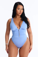Shore Walks Ruching Hardware 1 Piece Swimsuit - Blue