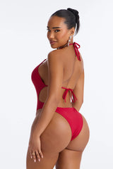 Miami Beat Studded 1 Piece Halter Cut Out Swimsuit - DarkRed