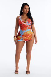 Let Then Show Hardware Low Scoop Slit 3 Piece Bikini Dress Set - Orange/combo