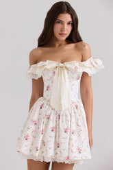 stretch cotton floral print off shoulder corset mini dress