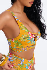 Tropical Escape 2 Piece Floral Bralette Strappy High Waist Bikini Set - Yellow/combo