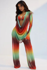 Summer Muse Cowl Neck Mesh Cover Up Pants Set - Multi Color