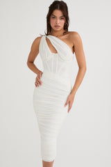 ivory asymmetric cutout midi dress