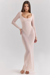 blush mesh maxi dress with bodysuit