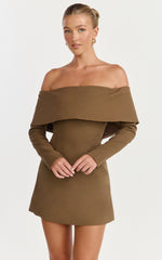 Marigold Mini Dress - Off Shoulder Long Sleeve Dress in Mocha