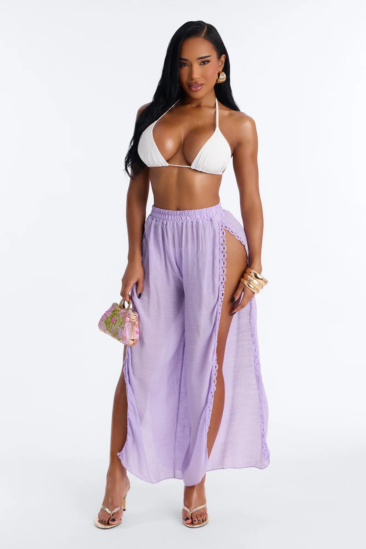 Beachside Breeze Linen High Side Slit Cover Up Pants - Lavender