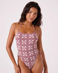 Batik Bloom Tie Front One Piece Swimsuit