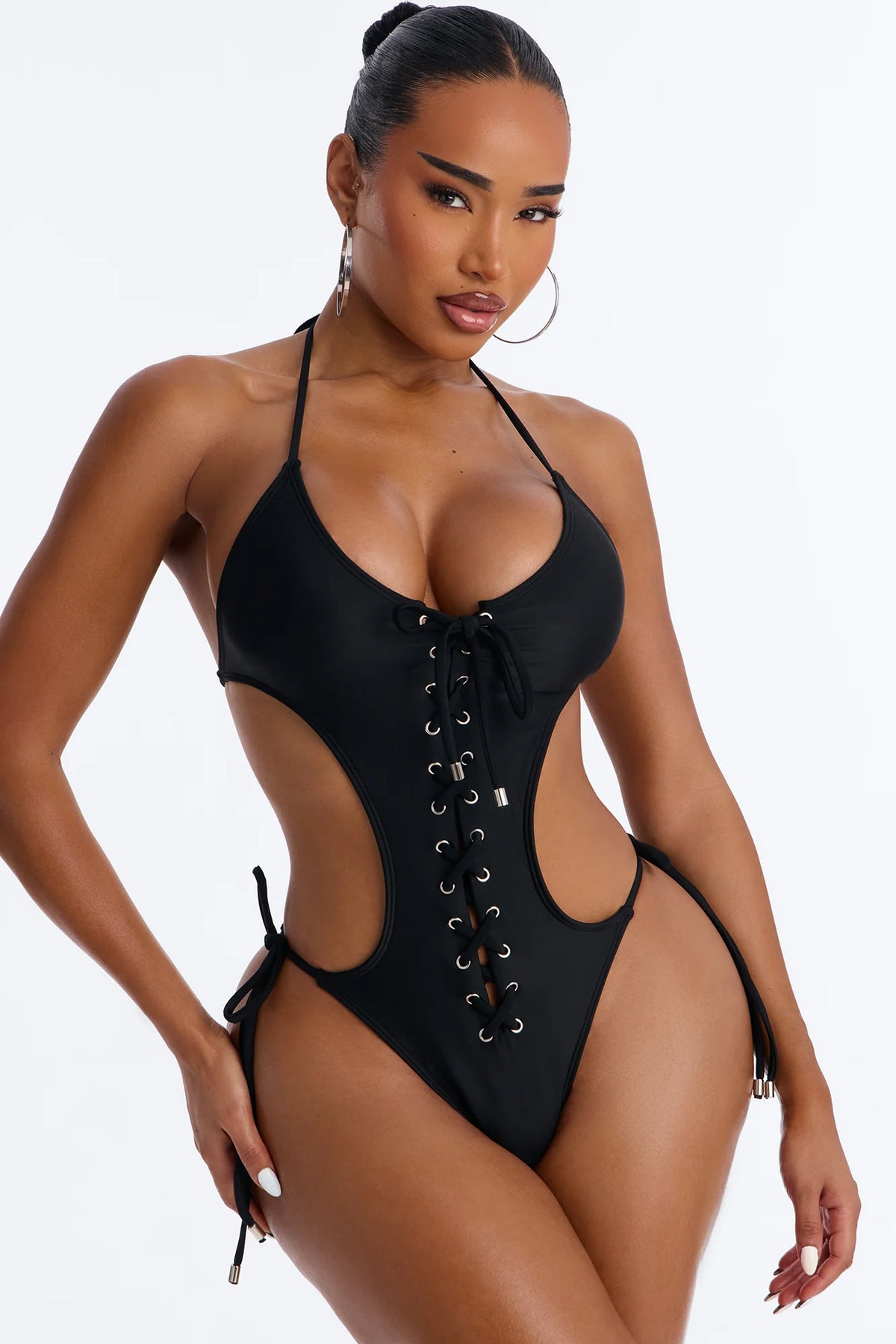 Built Like This 1 Piece Halter Lace Up Swimsuit - Black