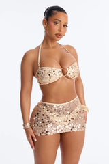 Teagan 3 Piece Sequin Halter Bikini & Cover Up Mini Skirt Sunsuit - Gold