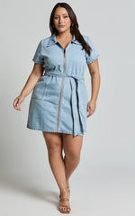 Nandini Mini Dress - Zip Through Denim Dress in Light Blue Wash
