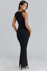 black asymmetric draped maxi dress