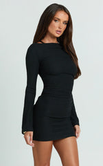 Brenda Mini Dress - Boat Neck Rib Knit Bodycon Dress in Black