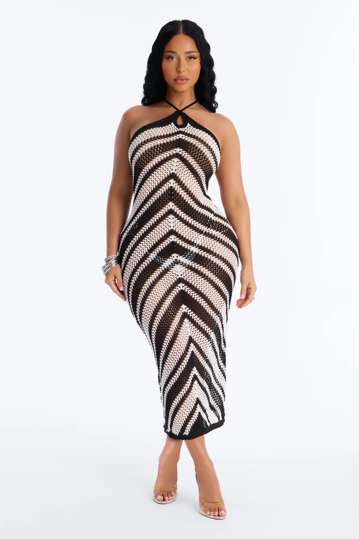 Colette Crochet Swim Cover Up Halter Maxi Dress - Black/White