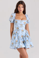 blue rose print cotton mini dress