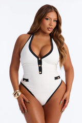 Baddest On The Shore 1 Piece Plunge Neck Halter Swimsuit - White/Black