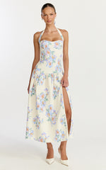 Astra Midi Dress - Halter Neck Drop Waist Dress in Astra Posey Floral Print
