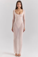 blush mesh maxi dress with bodysuit