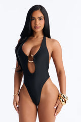Shore Hips Hardware Scoop High Leg 1 Piece Swimsuit - Black