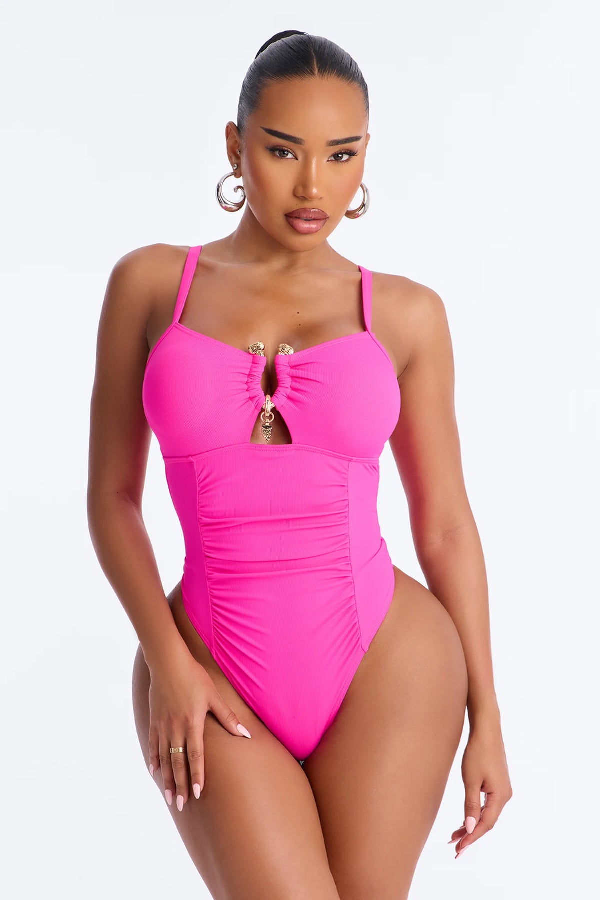 See The Waves Ruching Hardware 1 Piece Swimsuit - Hot Lips