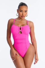 See The Waves Ruching Hardware 1 Piece Swimsuit - Hot Lips
