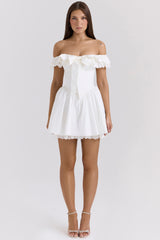 white cotton off shoulder corset mini dress