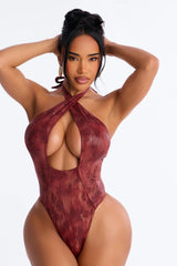 Keep Me Close Halter Neck 1 Piece Swimsuit - Brown/combo