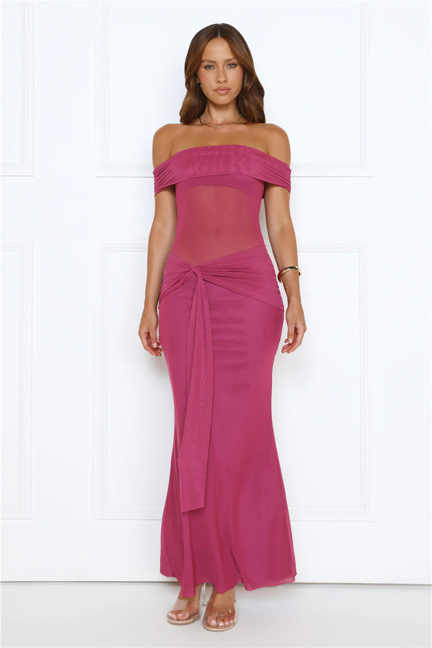 Nightfall Glitter Off Shoulder Maxi Dress Plum