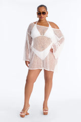 Sarah Textured Long Sleeves Off Shoulder Swim Cover Up Top - White