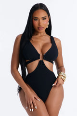 Dance With The Waves Back Tie U Wire 1 Piece Swimsuit - Black