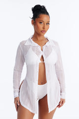 Take It Easy Mesh Cover Up Button Up Shirt - White